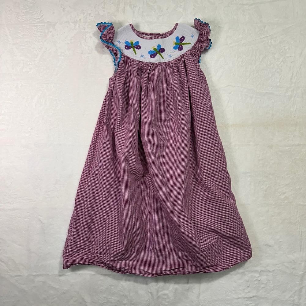 Smock Monkey Smocked Dress Size 6 Purple Gingham Dragonfly Flutter Sleeve Girls